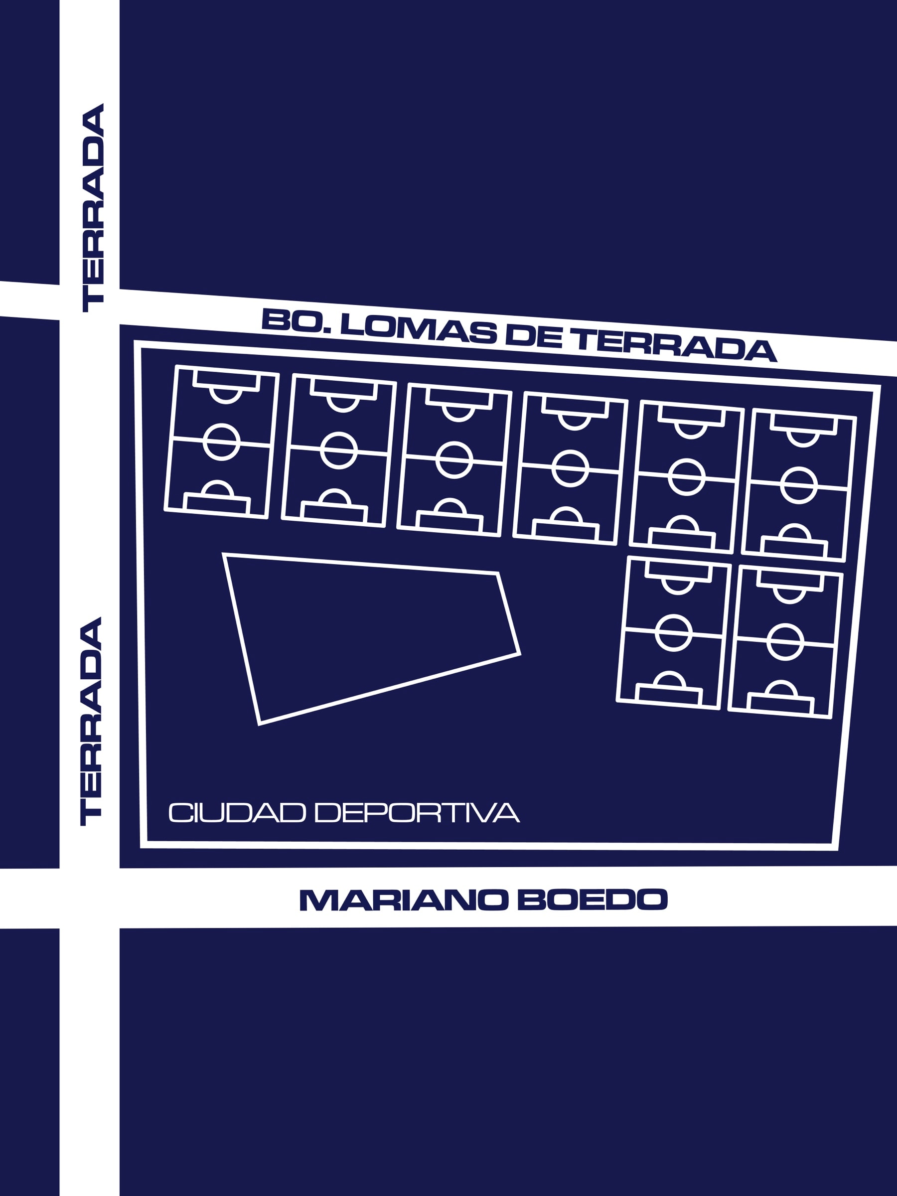 Plano de la Ciudad Deportiva de Independiente Rivadavia y sus canchas entre Terrada y Mariano Boedo