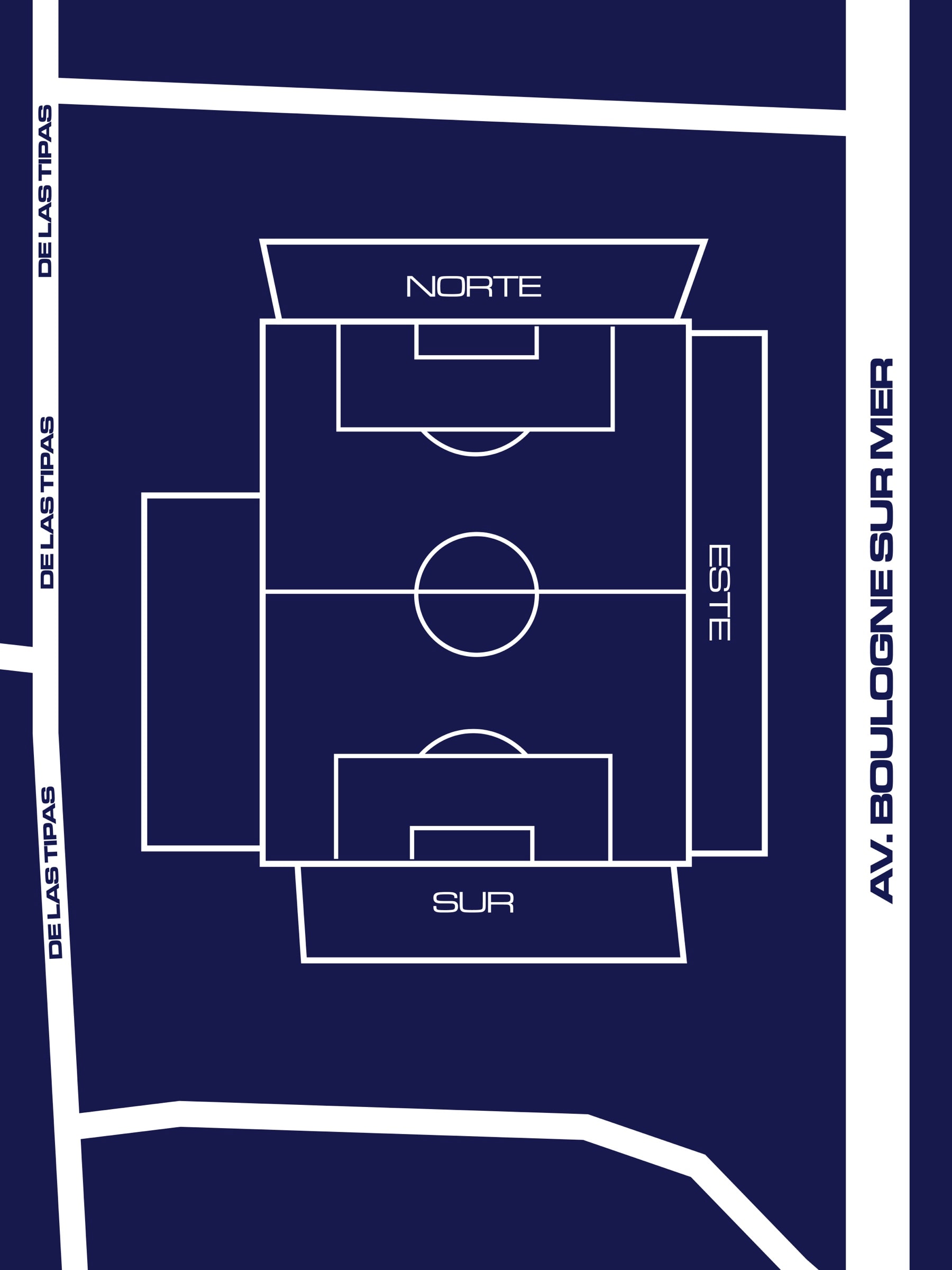 Plano del Estadio Bautista Gargantini con sus tribunas Norte, Sur, Este y las plateas